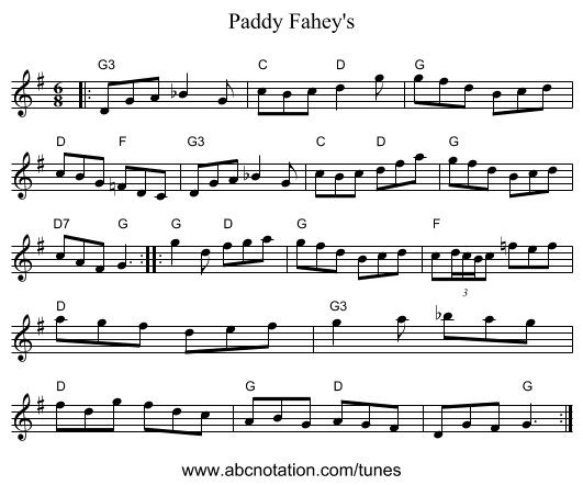 Paddy Fahey's - staff notation