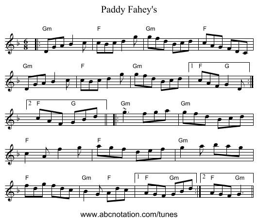 Paddy Fahey's - staff notation