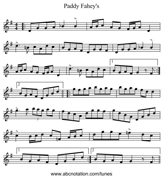 Paddy Fahey's - staff notation
