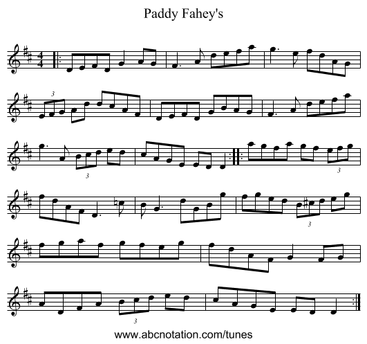 Paddy Fahey's - staff notation