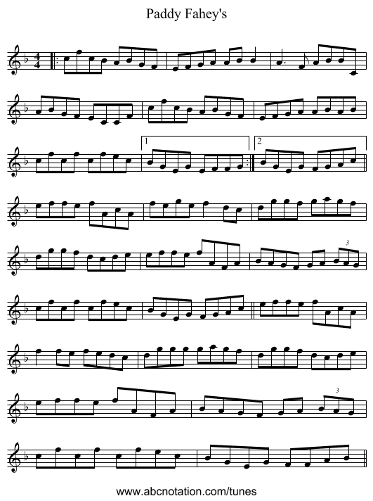 Paddy Fahey's - staff notation