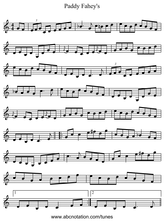 Paddy Fahey's - staff notation