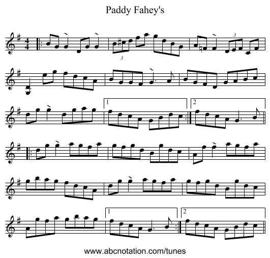 Paddy Fahey's - staff notation