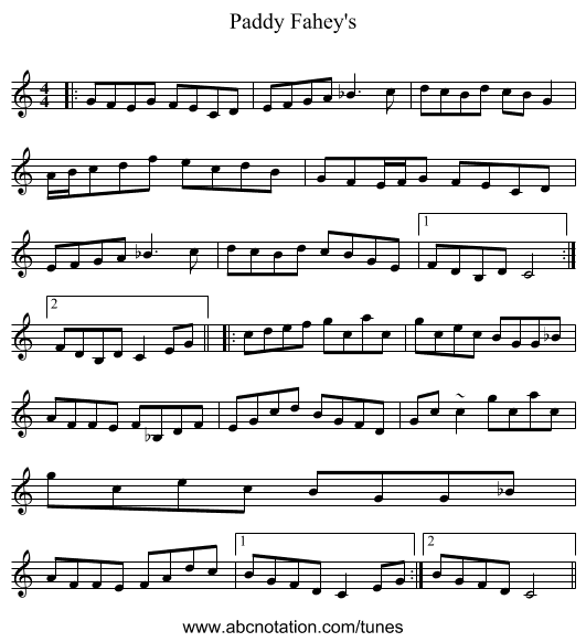 Paddy Fahey's - staff notation