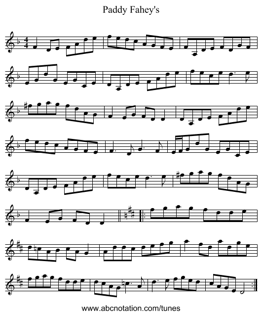 Paddy Fahey's - staff notation