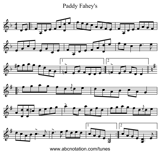 Paddy Fahey's - staff notation