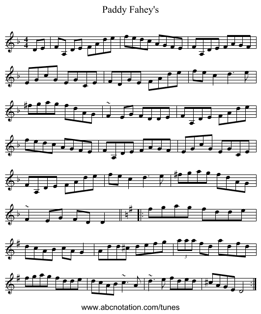 Paddy Fahey's - staff notation