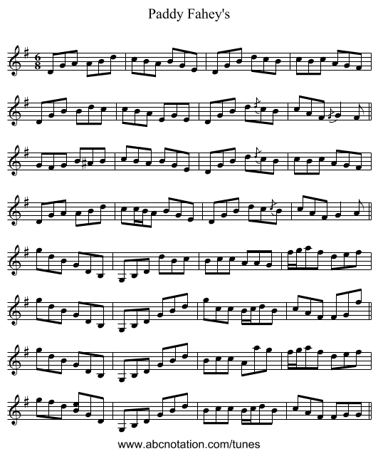 Paddy Fahey's - staff notation