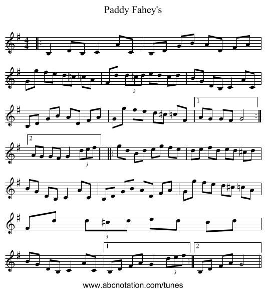 Paddy Fahey's - staff notation