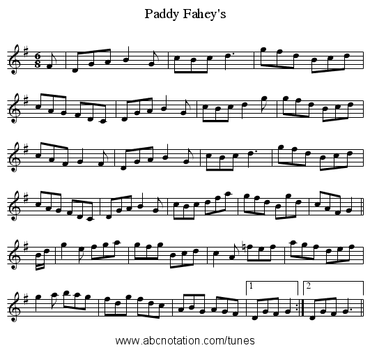 Paddy Fahey's - staff notation