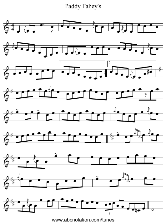 Paddy Fahey's - staff notation