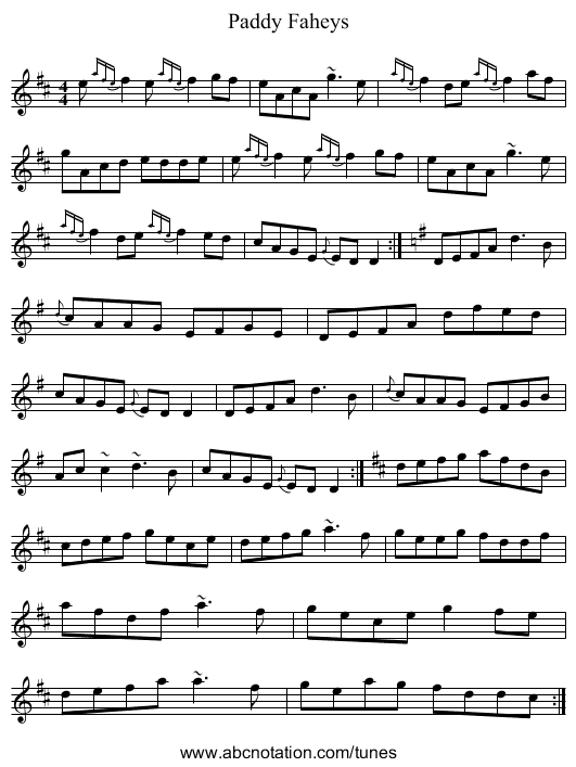 Paddy Faheys - staff notation