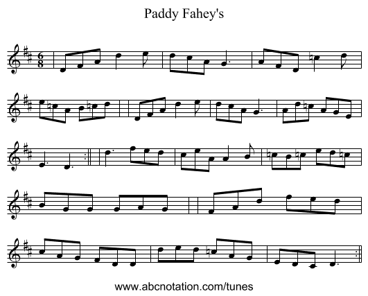 Paddy Fahey's - staff notation