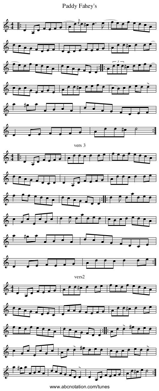 Paddy Fahey's - staff notation