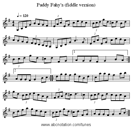 Paddy Fahy's (fiddle version) - staff notation