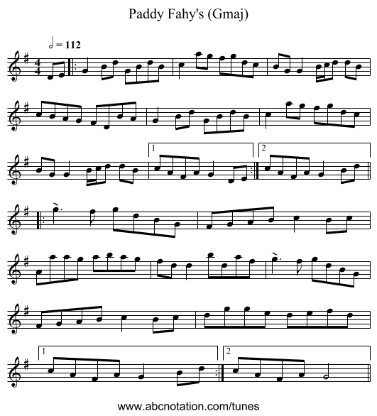 Paddy Fahy's (Gmaj) - staff notation