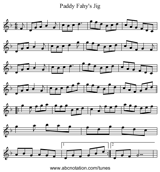 Paddy Fahy's Jig - staff notation