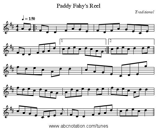 Paddy Fahy's Reel - staff notation