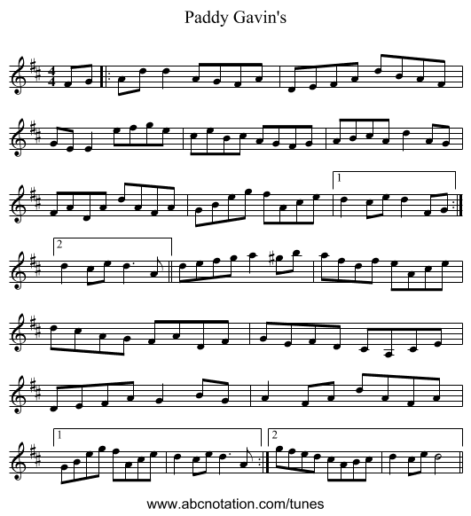 Paddy Gavin's - staff notation