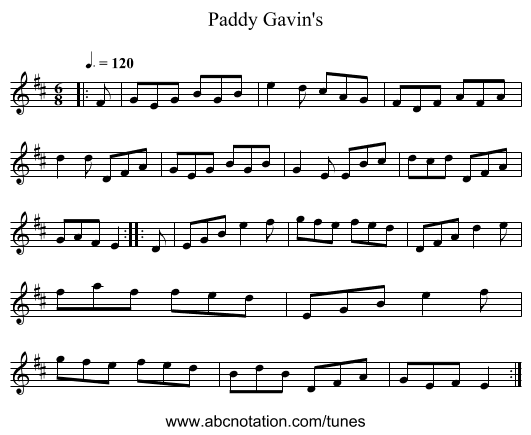 Paddy Gavin's - staff notation