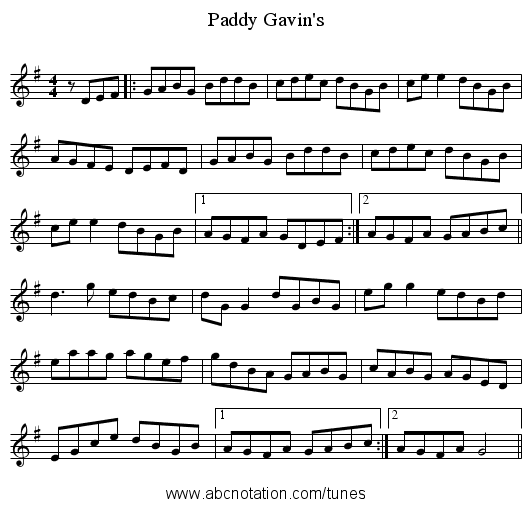 Paddy Gavin's - staff notation