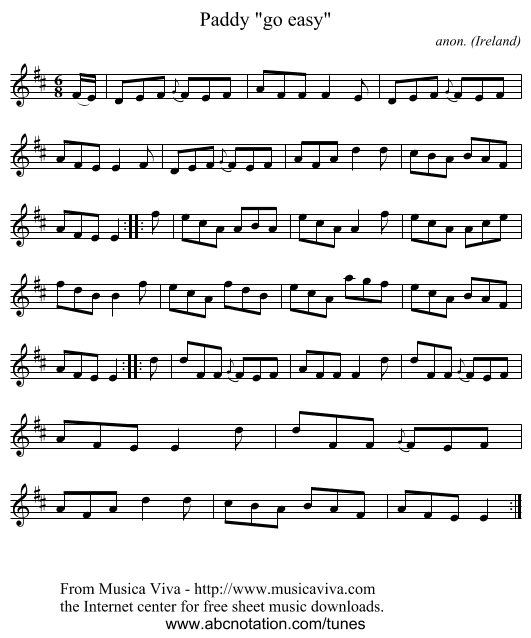 Paddy go easy - staff notation