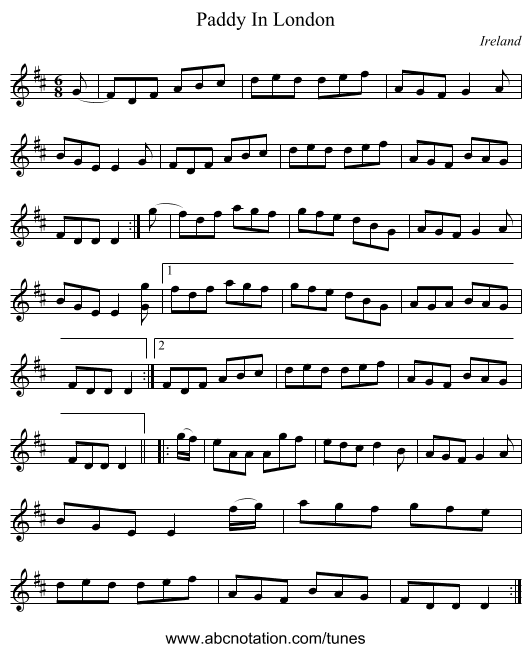 Paddy In London - staff notation