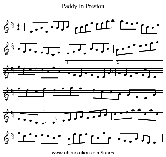 Paddy In Preston - staff notation