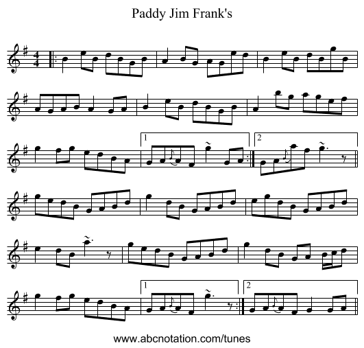 Paddy Jim Frank's - staff notation