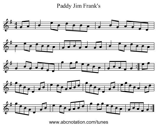 Paddy Jim Frank's - staff notation