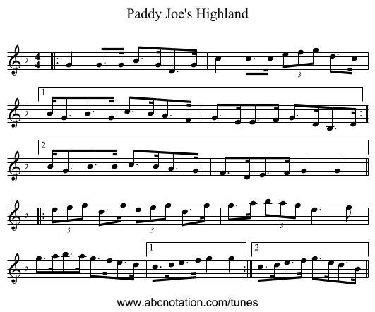 Paddy Joe's Highland - staff notation