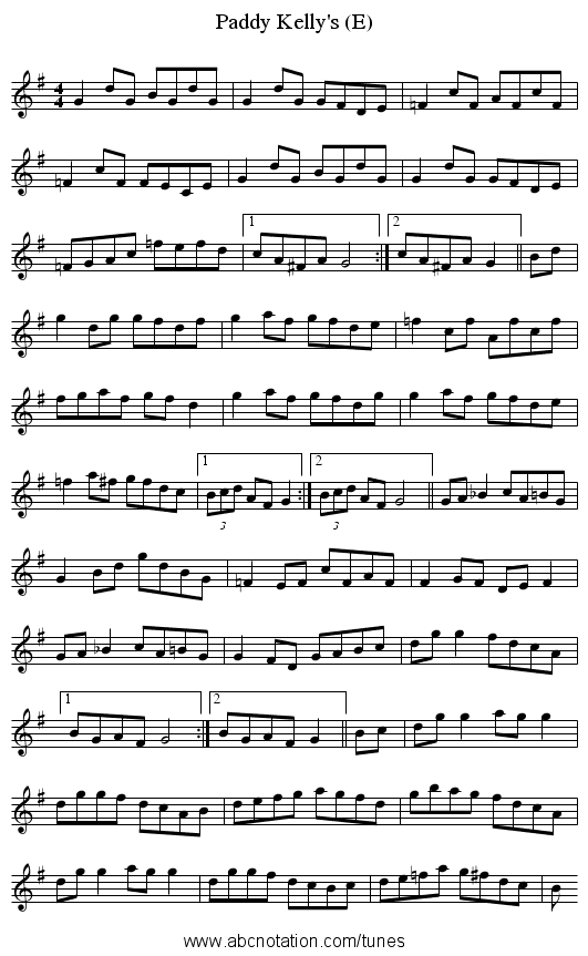 Paddy Kelly's (E) - staff notation