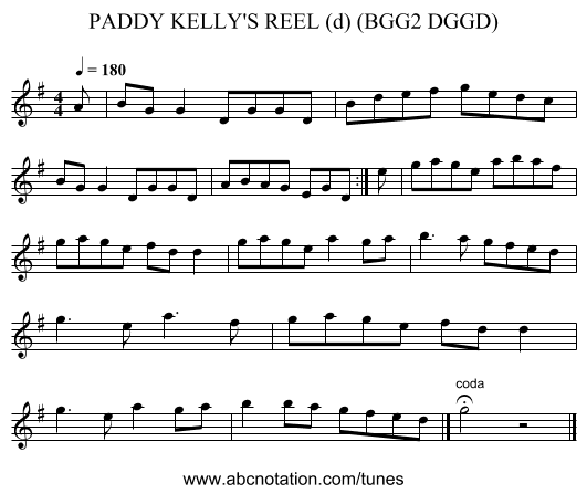 PADDY KELLY'S REEL (d) (BGG2 DGGD) - staff notation