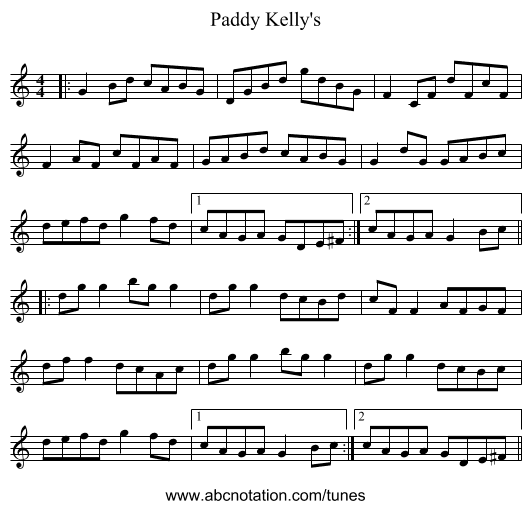 Paddy Kelly's - staff notation