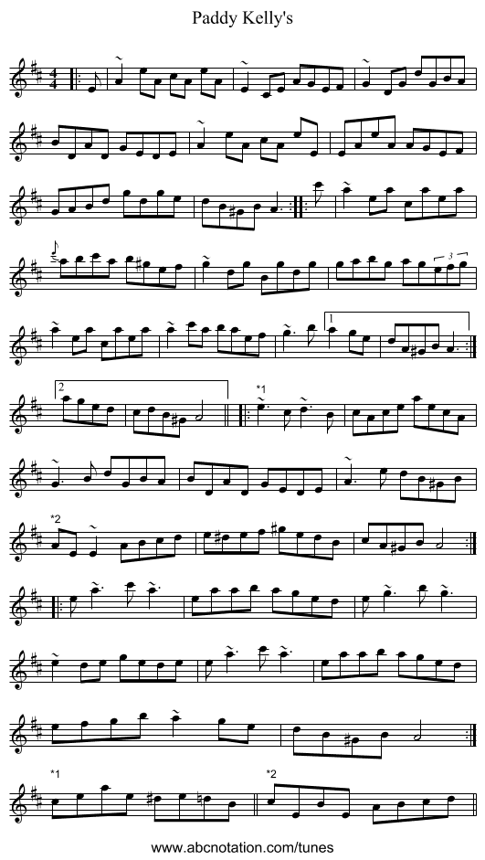 Paddy Kelly's - staff notation