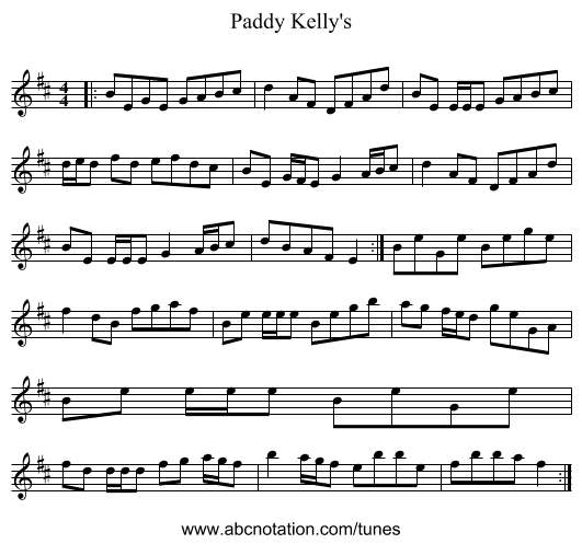 Paddy Kelly's - staff notation