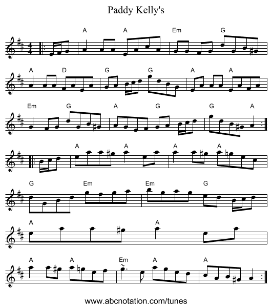 Paddy Kelly's - staff notation