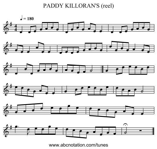 PADDY KILLORAN'S (reel) - staff notation