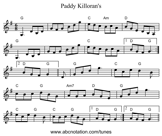 Paddy Killoran's - staff notation