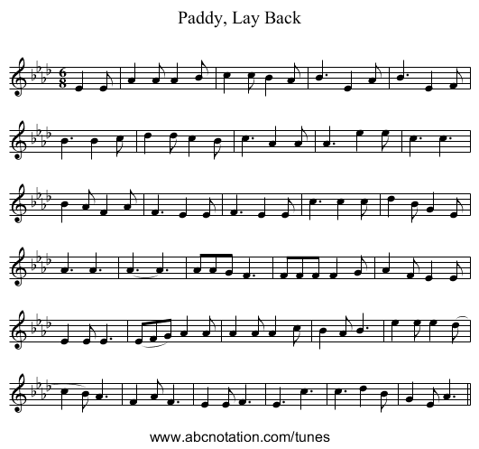 Paddy, Lay Back - staff notation