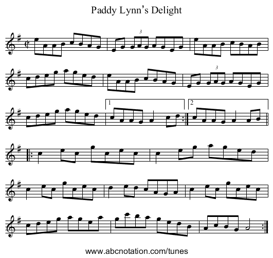 Paddy Lynn’s Delight - staff notation