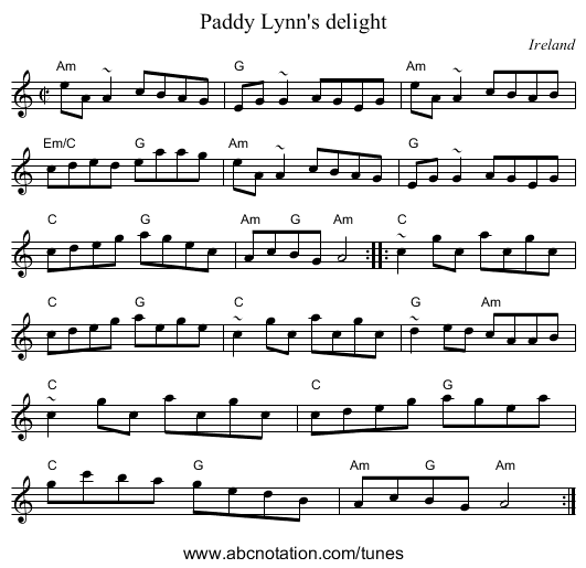 Paddy Lynn's delight - staff notation