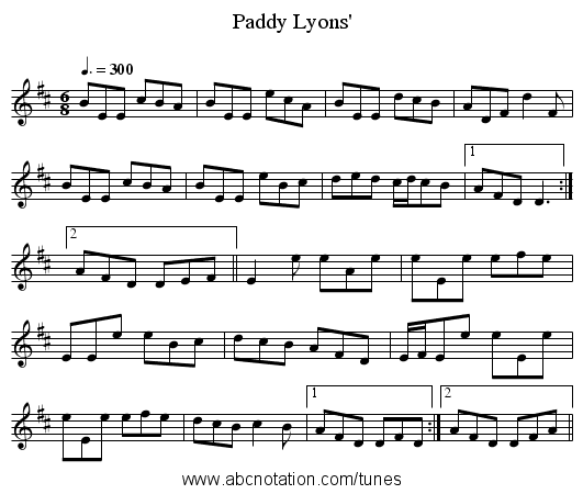 Paddy Lyons' - staff notation