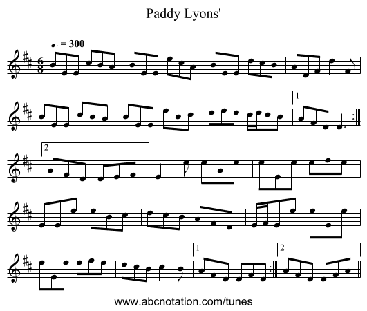Paddy Lyons' - staff notation