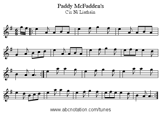 Paddy McFadden's - staff notation