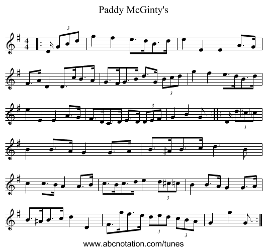 Paddy McGinty's - staff notation