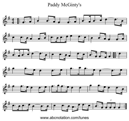 Paddy McGinty's - staff notation