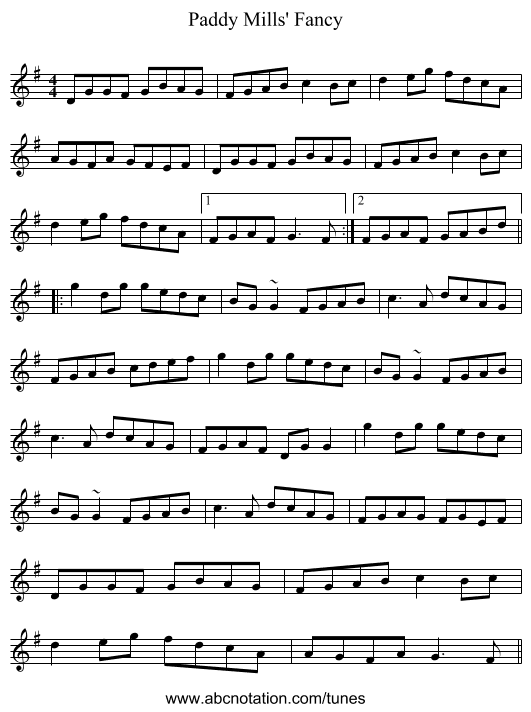 Paddy Mills' Fancy - staff notation