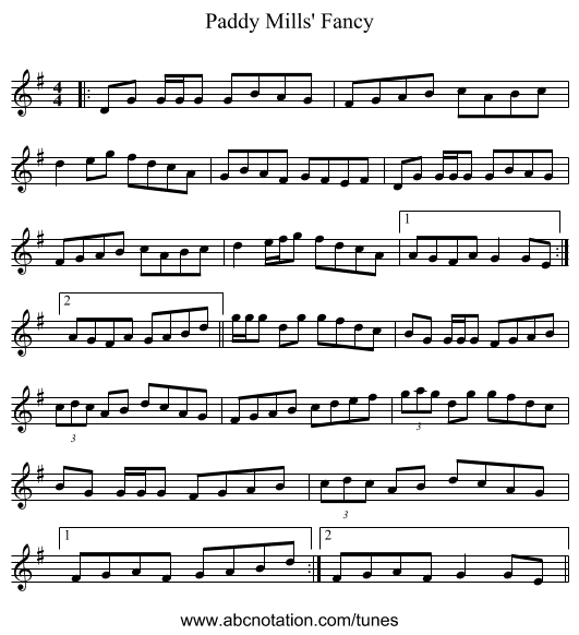 Paddy Mills' Fancy - staff notation