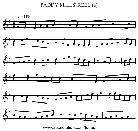 PADDY MILLS' REEL (a) - staff notation
